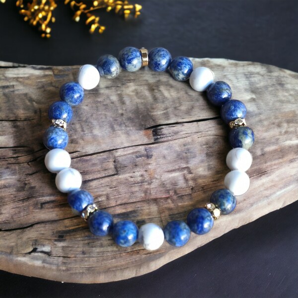 Bracelet en Lapis lazuli et Hwolite naturelles Fait main  Perte de poids Anti Stress et Sérénité  Perles de 8mm