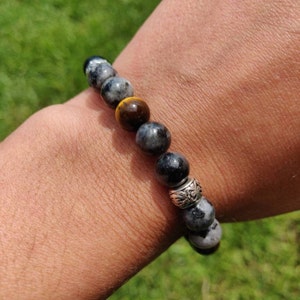 Naturstein-Lithotherapie-Armband, Labradorit, Obsidian, Tigeraugenschutz, 8 mm