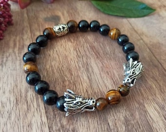 Pulsera de hombre con cabeza de dragón latón plateado antiguo Obsidiana celestial Ojo de tigre o ágata india o Vena de dragón Doble protección