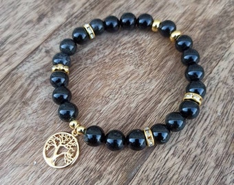 Pulsera de mujer en perla turmalina negra natural Protección sin tratar con medallón del árbol de la vida bañado en oro Muy elegante Sobrio 8mm