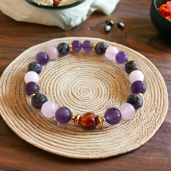 Bracelet in Amethyst Labradorite Rose Quartz and Amber. The perfect combo against anxiety Stress Anxiety Bead 8 mm