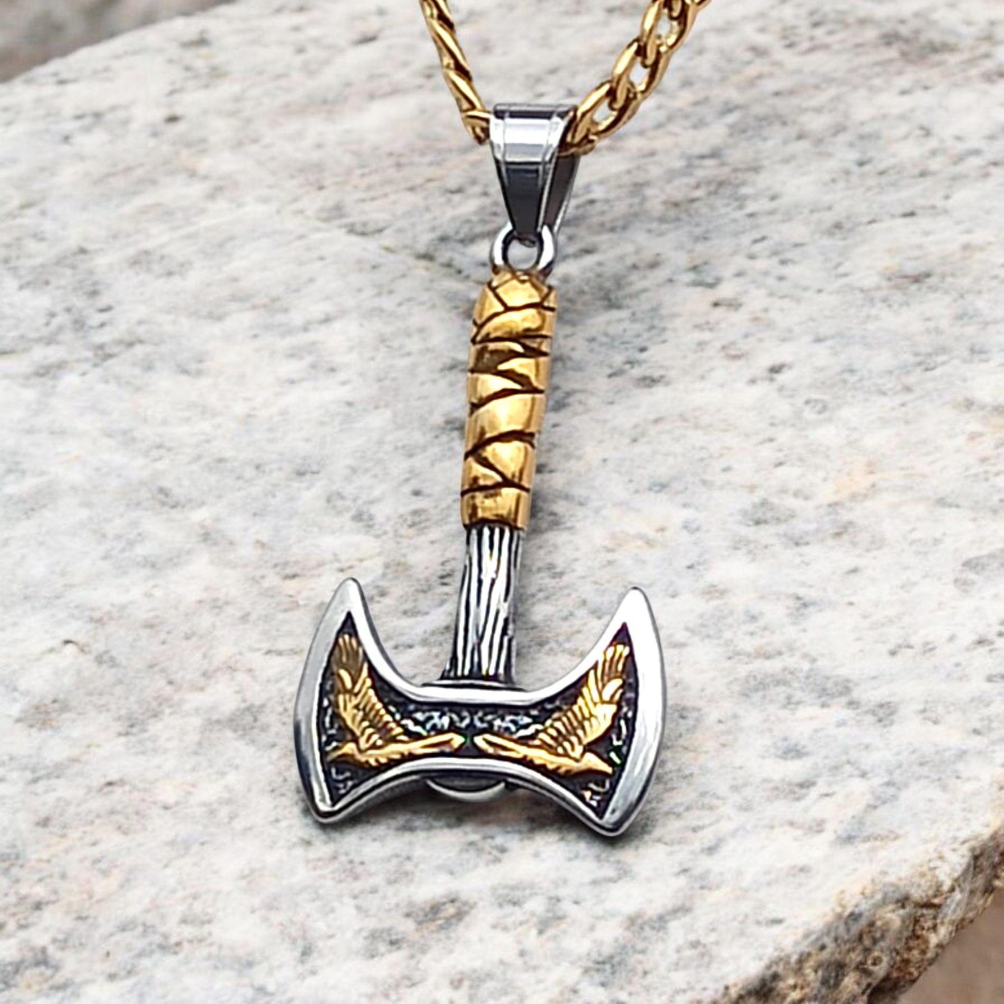 Pendentif Hache Viking Avec Chaîne Acier Inoxydable - Lot Neuf - Boîte Métal Offerte