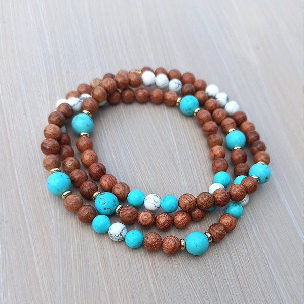 Collier sautoir perles turquoise howlite et bois et cornaline Pierre de Lune super tendance et bohème en 8 mm