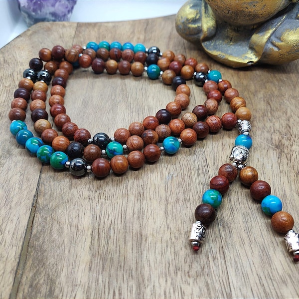 Collier Mala de méditation en bois et perles naturelles de chrysocole de 8 mm Sérénité détente bien être