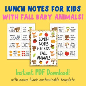 Könnte beinhalten: Druckbare Lunchbox-Notizen mit niedlichen Baby-Tieren aus dem Herbst. Die Notizen enthalten Sätze wie "Du bist ein süßer Pie" und "Ich liebe dich ein Bushel". Die Notizen sind zum Ausdrucken und Ausschneiden für Kinder-Lunchboxen gedacht.