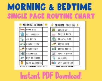 Kids Morning / Bedtime Routine Single Page Charts, Cute Printable Checklist, Instant Download, Premade & Blank Customizable Charts