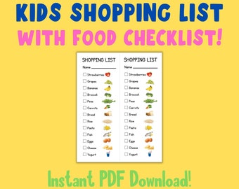 Puede incluir: Dos listas de compras imprimibles para niños, con una lista de verificación de alimentos. Cada lista tiene un espacio para un nombre y una casilla de verificación junto a cada artículo. Los artículos incluyen fresas, uvas, plátanos, brócoli, guisantes, zanahorias, pan, arroz, pasta, pescado, huevos, queso y yogur. Las listas están sobre un fondo amarillo con el texto "KIDS SHOPPING LIST WITH FOOD CHECKLIST!" en la parte superior y "Instant PDF Download!" en la parte inferior.