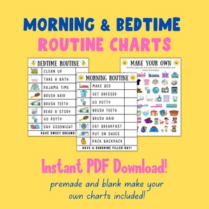 Kids Morning / Bedtime Routine Charts, Cute Printable Checklist, Instant Download, Premade & Blank Customizable Charts, Daily Responsibility