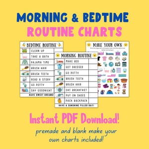 Kids Morning / Bedtime Routine Charts, Cute Printable Checklist, Instant Download, Premade & Blank Customizable Charts, Daily Responsibility