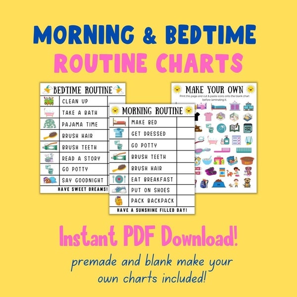 Kids Morning / Bedtime Routine Charts, Cute Printable Checklist, Instant Download, Premade & Blank Customizable Charts, Daily Responsibility