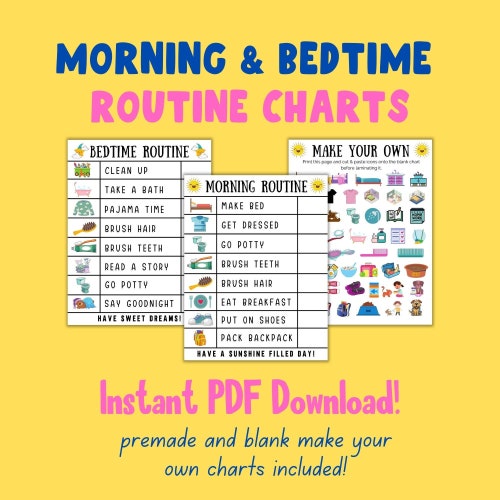 Tableaux de routine matin/coucher pour enfants, jolie liste de contrôle imprimable, téléchargement immédiat, tableaux personnalisables prédéfinis et vierges, responsabilité quotidienne