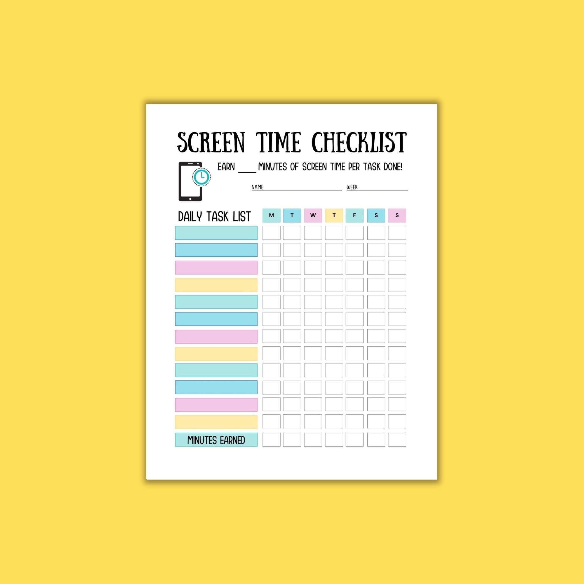 Kids Screen Time Checklist / Tracker, Cute Printable Chore List ...