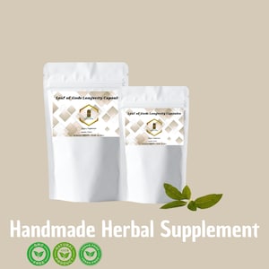 May include: Two white pouches of "Leaf of Gods Longevity Capsules" with a geometric design label. The text "Handmade Herbal Supplement" is below the pouches, along with three green circular icons. A few green leaves are on the right.