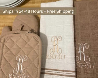 Embroidered Kitchen Towel Set, Personalized Cotton Oven Mitt, Potholders