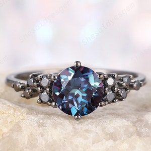 Vintage Alexandrite Engagement Ring, Round Alexandrite Black Wedding Ring, Rhodium Black Promise Ring Goth Black Ring, Black Wedding Ring