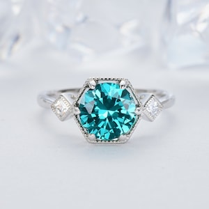 Unique 3CT Paraiba Blue Tourmaline Engagement Ring, 14K White Gold Round Cut Tourmaline Ring, Three Stones Ring, Vintage Gifts For Women