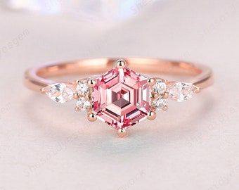 Vintage Art Deco Rosa Safir Löftesring, 14K Roséguld Hexagon Slipad Förlovningsring, Unik Safir Silver Vigselring Gåva till Kvinnor