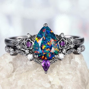 Gothic Pear Shape Facet Black Opal Engagement Ring Set, Black Rhodium Nature Inspired Floral Wedding Ring Promise Anniversary Ring for Women