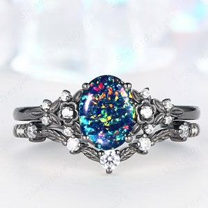 Oval Shape Floral Black Opal Engagement Ring Set, Black Gold Nature Inspired Fire Opal Wedding Ring, Witchy Promise Anniversary Ring Gift