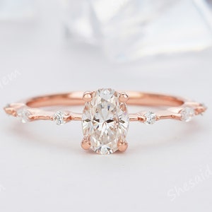 Unique Oval Moissanite and Diamond Engagement Ring, Vintage Hidden Halo Moissanite Rose Gold Wedding Promise Ring Unusual Gift for Mom Women