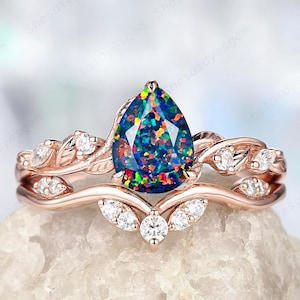 Facet Black Fire Opal and Diamond Engagement Ring Set,14K Rose Gold Pear Shape Wedding Set, Twig Branch Leaf Promise Ring Anniversary Gift