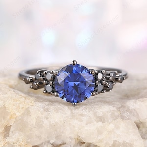 Vintage Black Gold Cornflower Blue Sapphire Engagement Ring, Round Sapphire Black Wedding Ring, Rhodium Black Promise Ring Gothic Black Ring