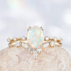 Yellow Gold Oval Cut Natural Australia White Fire Opal and Diamond Engagement Ring Set, Unique  Hidden Halo Promise Wedding Ring for Women