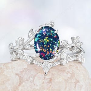 Vintage Oval Cut Black Fire Opal White Gold Engagement Ring Set, Unique Mixed Fire Opal Leaf Wedding Promise Ring Anniversary Gift for Women