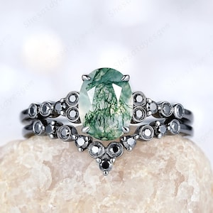 Gothic Oval Moss Agate Black Gold Engagement Ring Set, 14K Black Gold Moss Agate Wedding Set Proposal Promise Anniversary Ring Gift For Her