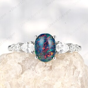 Vintage Oval Cut Black Fire Opal Engagement Ring, Unique White Gold Diamond Anniversary Ring, Mixed Fire Opal Wedding Promise Ring for Women