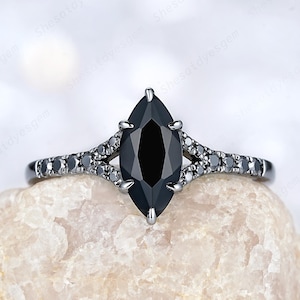 Gothic Marquise Natural Onyx Black Gold Engagement Ring, Unique Black Onyx Rhodium Promise Ring Spilt Shank Half Eternity Wedding Ring Gift