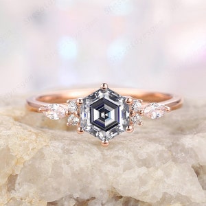 Vintage Hexagon Cut Gray Moissanite Diamond Engagement Ring, Unique 14K Rose Gold Grey Moissanite Moissanite Promise Wedding Ring For Women