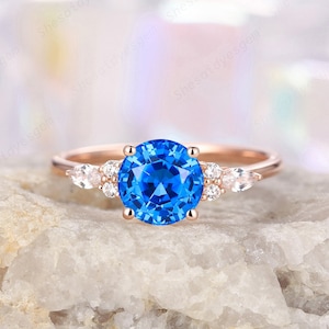 Anel de noivado vintage com espinélio azul cobalto e diamante, anel de compromisso de casamento exclusivo em ouro rosa com espinélio azul brilhante, anel de espinélio com corte redondo para presente
