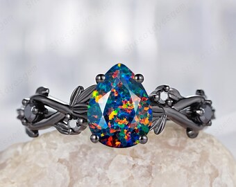 Gothic Pear Shape Facet Black Opal Leaf Engagement Ring, Black Rhodium Nature Inspired Vine Wedding Ring Twig Branch Promise Ring for Women