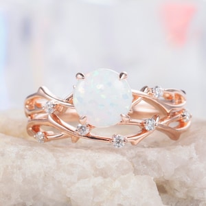 Vintage Round Cut White Fire Opal Moissanite Engagement Ring Set, Unique 14K Rose Gold Twig Branch Opal Wedding Bridal Set Promise Ring Set