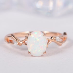 Vintage White Fire Opal Engagement Ring Diamond Moissanite Wedding Ring Unique 14K Rose Gold Oval Cut Opal Ring Twig Branch Ring for Women