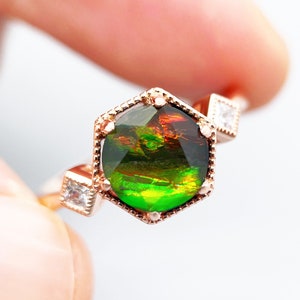 2 CT Antique Natural Canadian Ammolite Engagement Ring Vintage Ancient Rainbow Gemstone Fossil Rose Gold Ammolite Promise Wedding Ring Gift