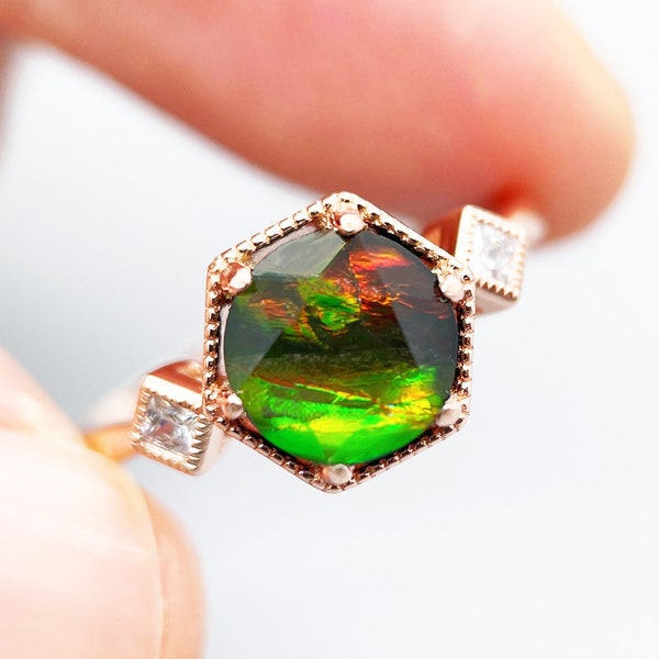 2 CT Antique Natural Canadian Ammolite Engagement Ring Vintage Ancient Rainbow Gemstone Fossil Ring 14k Rose Gold Ammolite Promise Ring Gift