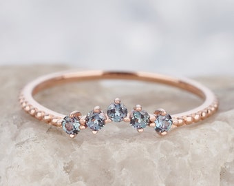 Dainty Alexandrite Stacking Wedding Band, V shaped Milgrain Matching Band, Unique Rose Gold Engagement Ring, Promise Ring Enhancer for Women
