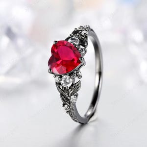 Gothic Heart Cut Ruby Floral Engagement Ring, Vintage Ruby Black Gold Leaf Promise Ring Rhodium Black Wedding Ring July Birthstone Her Gifts