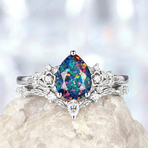 Vintage Pear Cut Lab Fire Black Opal Engagement Ring, Cluster Wedding Ring, 14K White Gold Floral Promise  Rings For Women, Anniversary Gift