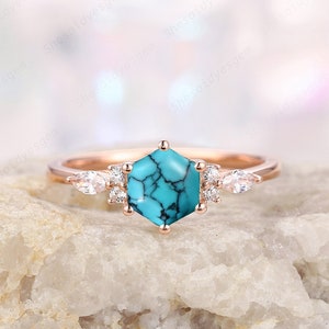 Anillo de compromiso vintage con turquesa hexagonal, anillo de bodas único, oro rosa de 14 quilates y 18 quilates, turquesa azul, regalo de aniversario para mujer.