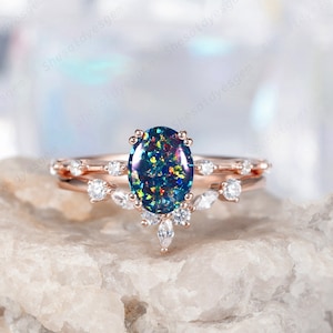 Vintage Multi Fire Black Opal Wedding Ring Set,14K Rose Gold Oval Shape Mixed Color Opal Floral Bridal Set, Sparkle Opal Promise Ring Gift