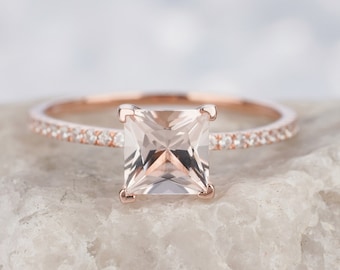 Vintage 1 Ct Princess Cut Pink Morganite Engagement Diamond Ring, Unique 14K 18K Gold Anniversary Promise Wedding Moissanite Ring for Women