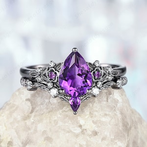 Unique Amethyst Floral Engagement Ring Set, Black Gold Nature Inspired Pear Shape Amethyst Wedding Ring Gothic Promise Ring Anniversary Gift