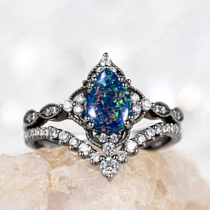 Gothic Pear Cut Black Opal Cluster Rhodium Black Engagement Ring Set, Witchy Black Gold Mix Fire Opal Wedding Promise Ring Anniversary Gift