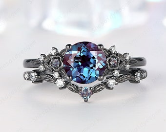 Gothic Round Alexandrite Floral Engagement Ring Set, Black Gold Nature Inspired Wedding Ring, Rhodium Black Promise Ring Anniversary Gift