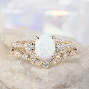 Vintage Oval White Fire Opal Engagement Ring Set, Vintage Yellow Gold Opal and Diamond Wedding Set, Opal Promise Ring Bridal Set Gift