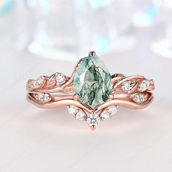 Nature Inspired Pear Shape Moss Agate And Diamond Leaf Engagement Ring, Rose Gold Wedding Promise Ring, Twig Branch Anniversary Ring Gift