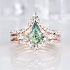 3PCS Kite Cut Moss Agate Engagement Ring Set, V Shape Promise Ring, Vintage Curved Wedding Ring Gift for Women, Rose Gold Anniversary Gift